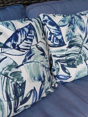 Set Of Navy White Botanical Print Outdoor Pillows
